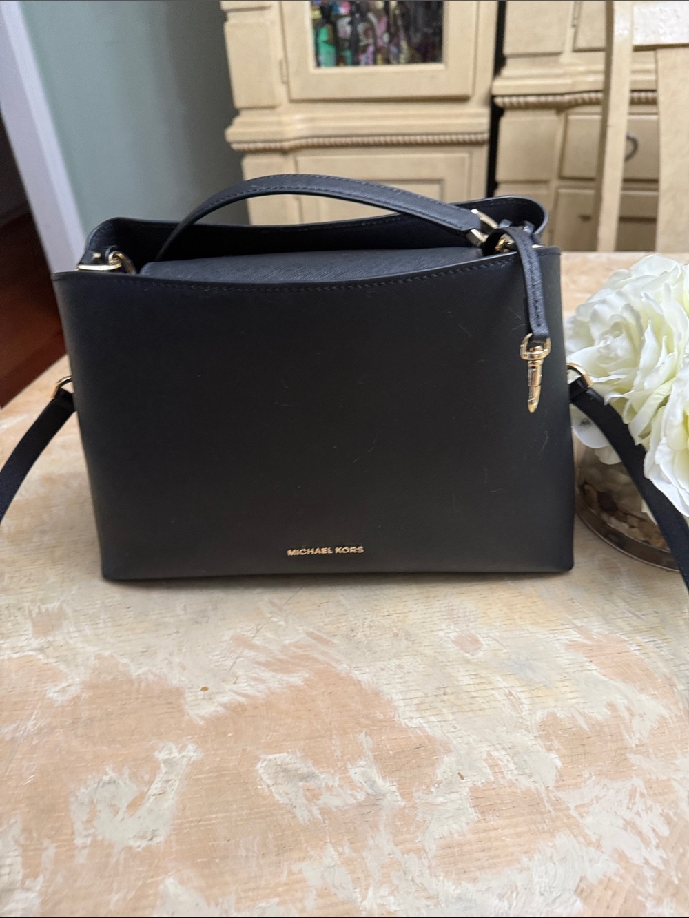 Michael Kors Black Leather Structured Satchel with Gold Hardware